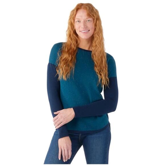 Smartwool Women’s Sz M Blue Teal Merino Wool Colorblock Sweater Pullover - Picture 2 of 10